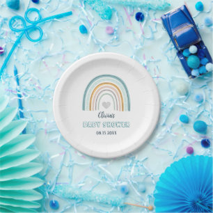 Boho Watercolor Blue Rainbow Baby Shower Paper Plate