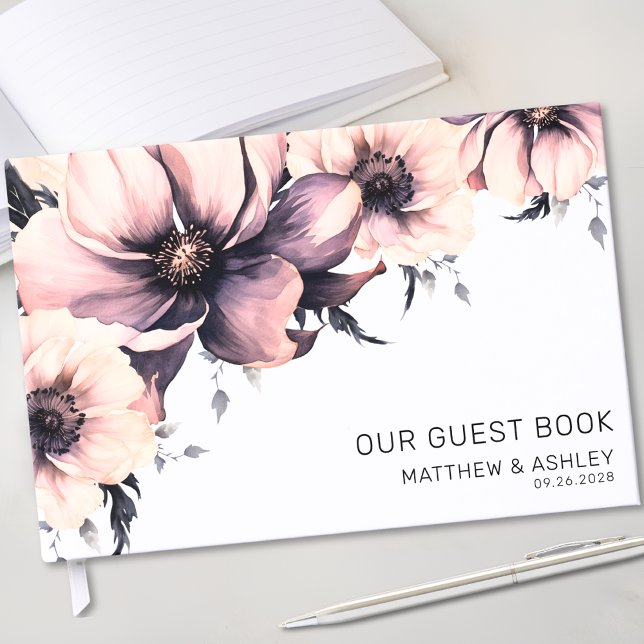 Boho Watercolor Blush Pink Floral Wedding Guest Book (Modern Boho Watercolor Blush Pink Floral Wedding Guest Book)