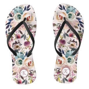 Boho Watercolor Blush Pink Green Monogram Floral Thongs