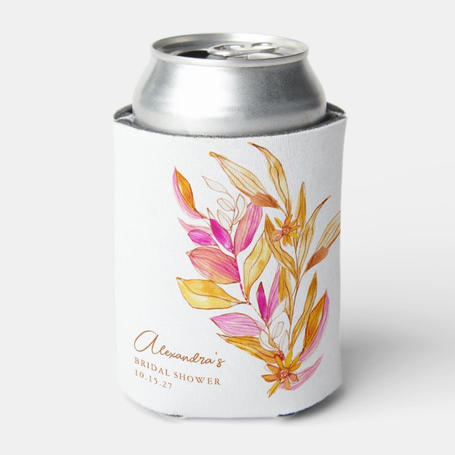 Boho Watercolor Botanical Pink Gold Bridal Shower Can Cooler (Can Front)