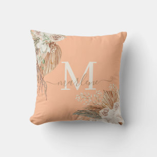 Boho Watercolor Bouquet Monogrammed Peach Fuzz Cushion