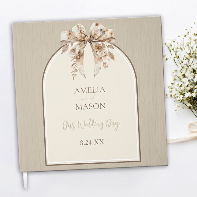 Boho Watercolor Bow Wedding Guest Book (Fall Boho Arched Vintage Guest Book)