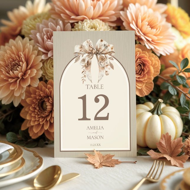Boho Watercolor Bow Wedding Table Card (Fall Wedding table number boho bow)