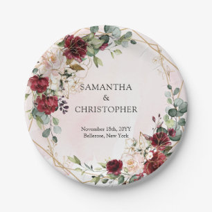 Boho Watercolor burgundy floral gold wedding Paper Plate