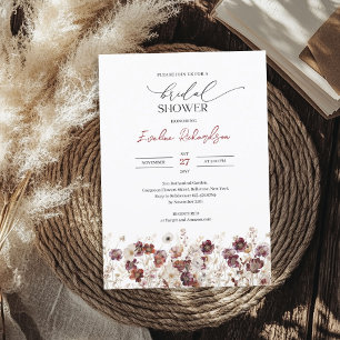 Boho watercolor burgundy wildflowers bridal invitation
