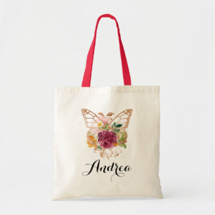 Boho Watercolor Butterfly and Flowers Bridesmaid Tote Bag