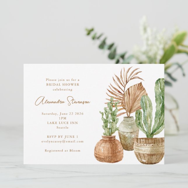 Boho Watercolor Cactus Pampas Plant Bridal Shower Invitation (Standing Front)