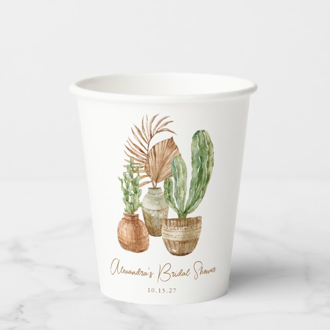 Boho Watercolor Cactus Pampas Plant Bridal Shower Paper Cups (Front)
