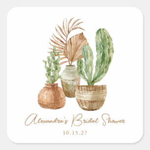 Boho Watercolor Cactus Pampas Plant Bridal Shower Square Sticker