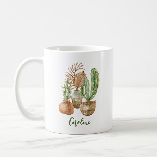 Boho Watercolor Cactus Pampas Plant Personalised Coffee Mug (Left)