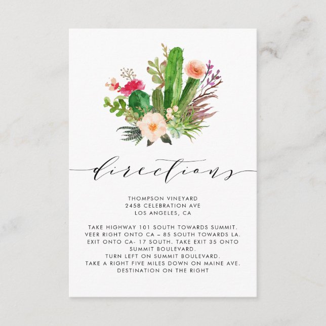 Boho Watercolor Cactus Wedding Directions Enclosure Card (Front)