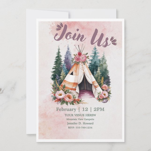 Boho Watercolor Camping Invitation (Front)