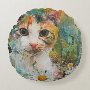 Boho Watercolor Cats – Earthy Feline Art (3) Round Cushion