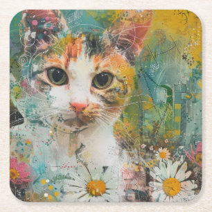 Boho Watercolor Cats – Earthy Feline Art (3) Square Paper Coaster