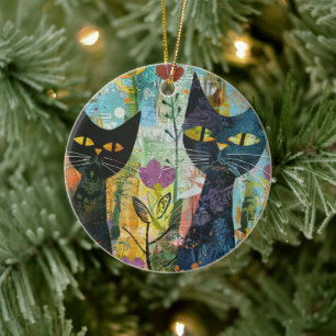Boho Watercolor Cats – Earthy Feline Art (4) Ceramic Ornament