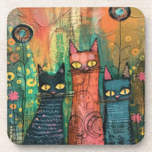 Boho Watercolor Cats – Earthy Feline Art Coaster
