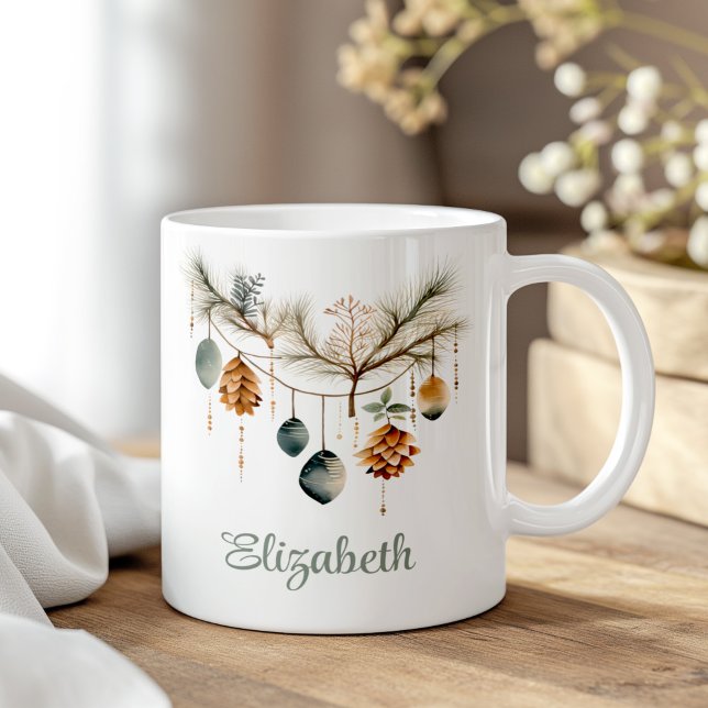 Boho Watercolor Christmas Ornament Custom Name Coffee Mug (Boho Watercolor Christmas Ornament Custom Name Coffee Mug on a boho wooden table.)