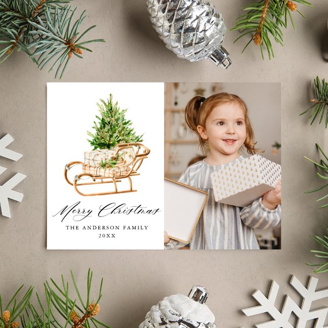 Boho Watercolor Christmas Sleigh Photo Holiday Card (Creator Uploaded)