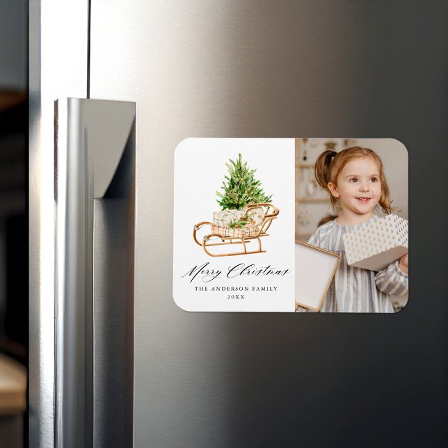 Boho Watercolor Christmas Sleigh Photo Magnet (Creator Uploaded)