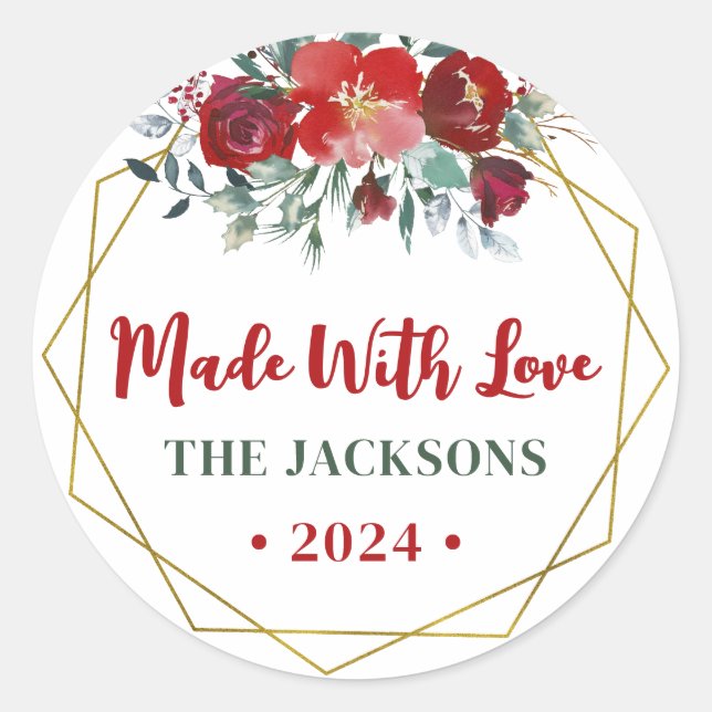 Boho Watercolor Christmas Wreath Family Name Classic Round Sticker (Front)