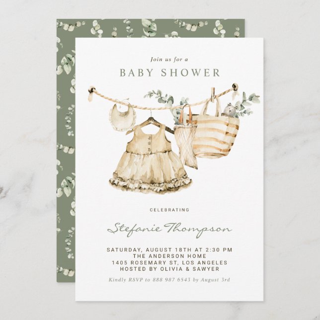 Boho Watercolor Clothesline Baby Shower Invitation (Front/Back)