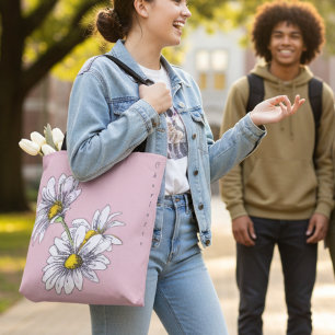 Boho Watercolor Daisy Floral Pink Christmas Gift Tote Bag