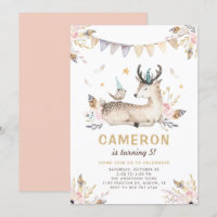 Boho Watercolor Deer and Bird Floral Kids Birthday
