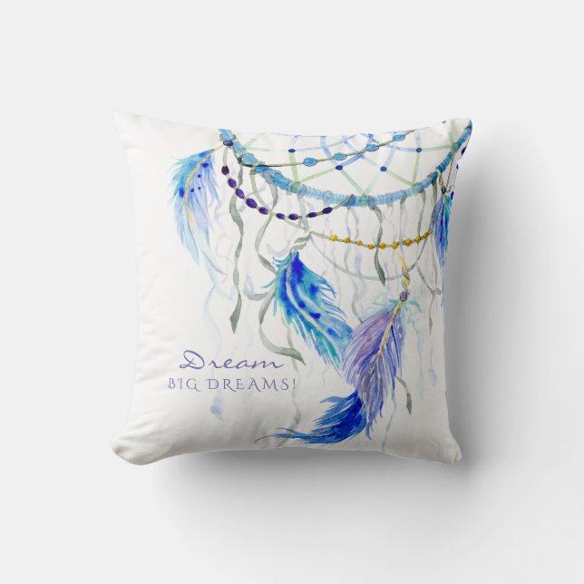 BOHO Watercolor Dream Catcher Big Dreams Feathers Cushion (Front)