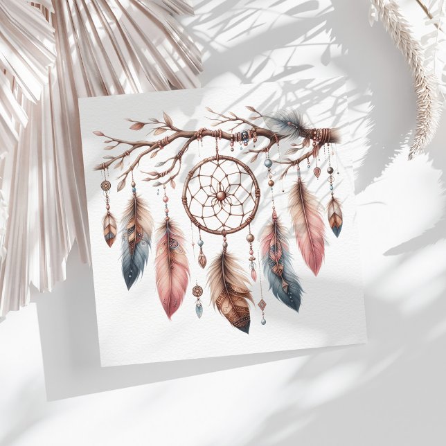 Boho Watercolor Dreamcatcher & Feather Baby Shower Napkin (Boho Watercolor Dreamcatcher & Feather Baby Shower Napkins on a sunny table with white dry palm leaf)