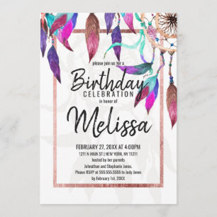 Boho Watercolor Dreamcatcher Rose Gold Birthday Invitation