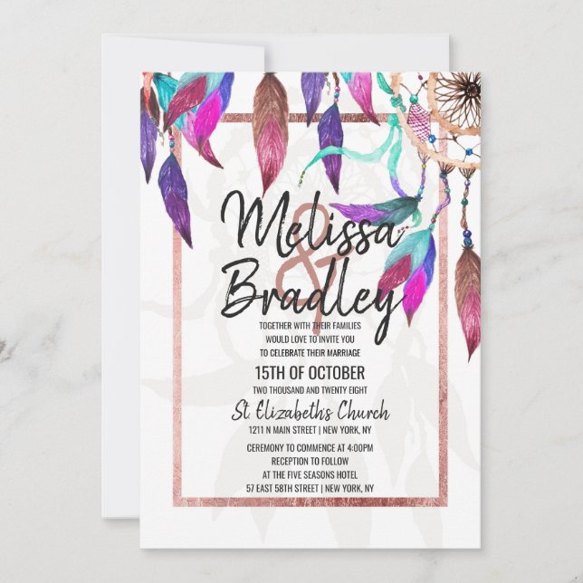 Boho Watercolor Dreamcatcher Rose Gold Wedding Invitation (Front)