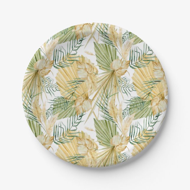 Boho Watercolor Dried Palm Leaves Pattern Tropical Paper Plate (Front)