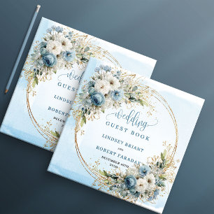 Boho Watercolor Dusty Blue Floral Gold Wedding  Guest Book