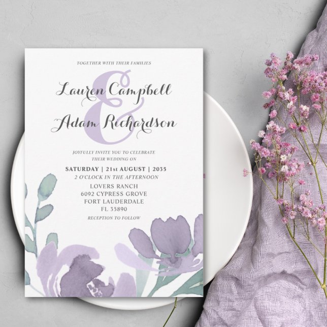 Boho Watercolor Dusty Purple Florals Wedding  Invitation (Creator Uploaded)