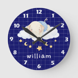 Boho Watercolor Elephant Clouds Navy Blue Nursery Round Clock