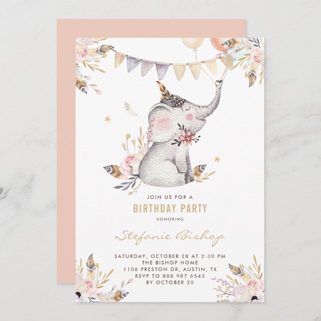 Boho Watercolor Elephant Floral Kids Birthday Invitation (Front/Back)