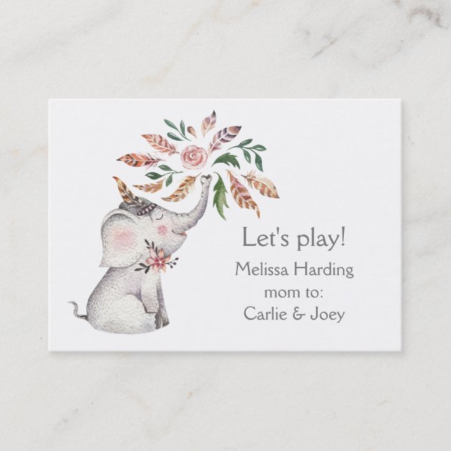 Boho Watercolor Elephant  Flowers Mum Calling Card (Front)