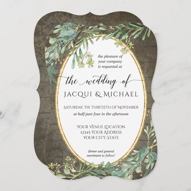 Boho Watercolor Eucalyptus Foliage Rustic Wood Invitation (Front/Back)
