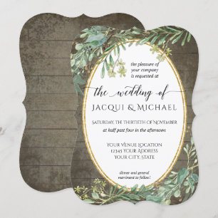 Boho Watercolor Eucalyptus Foliage Rustic Wood Invitation