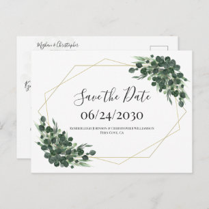 Boho Watercolor Eucalyptus Geometric Save the Date Postcard