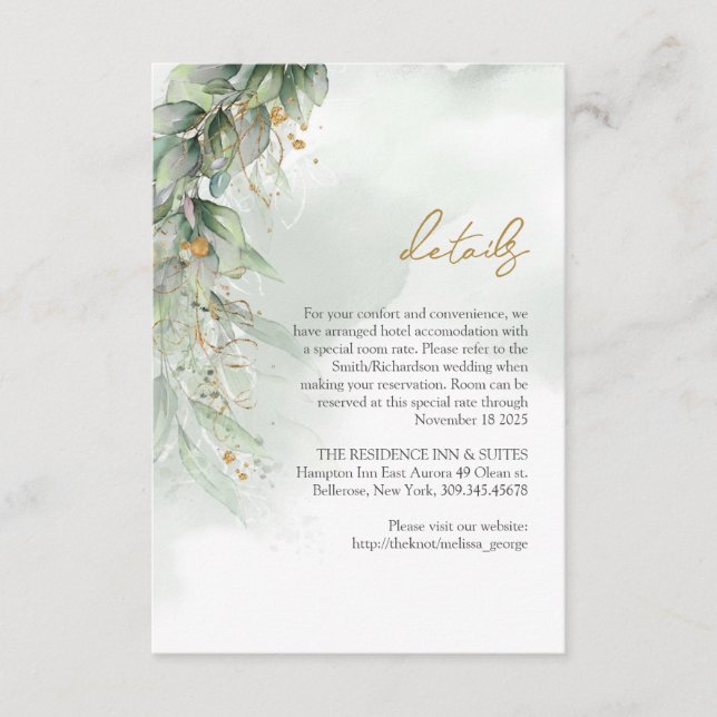 Boho watercolor eucalyptus gold oval details card (Front)