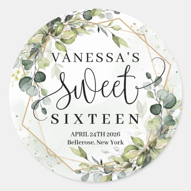Boho watercolor eucalyptus gold sweet sixteen classic round sticker (Front)