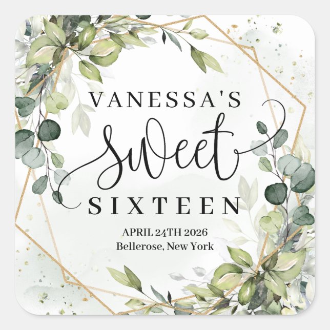 Boho watercolor eucalyptus gold sweet sixteen square sticker (Front)