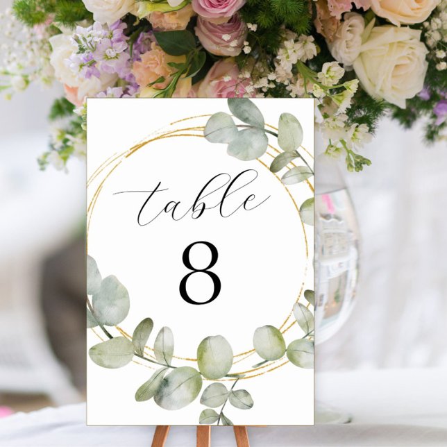 Boho Watercolor Eucalyptus & Gold Wedding  Table Number (Creator Uploaded)