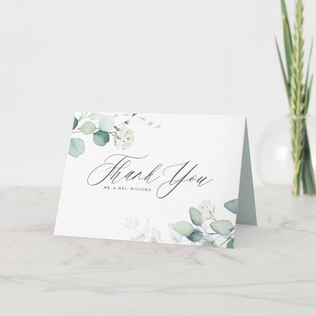 Boho Watercolor Eucalyptus Leaves Greenery Wedding Thank You Card (Front)