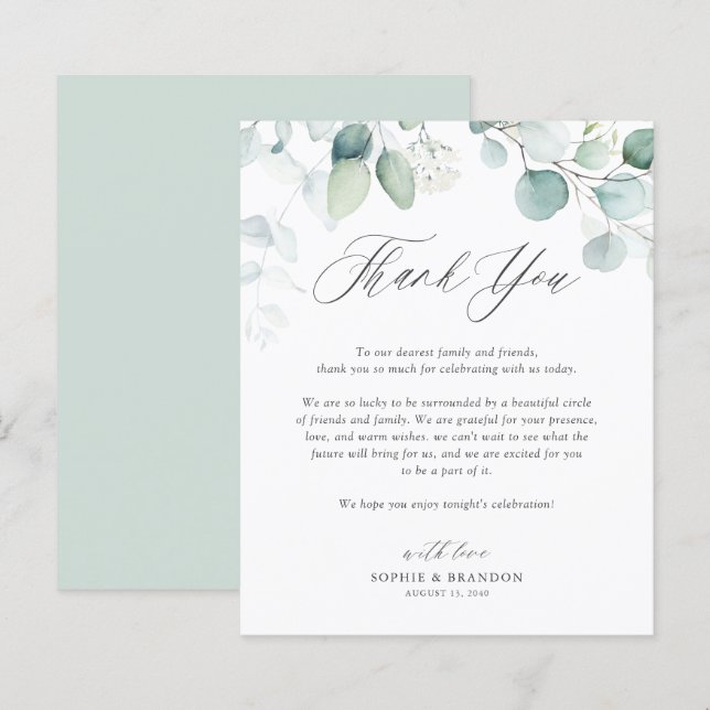 Boho Watercolor Eucalyptus Leaves Thank You Card (Front/Back)
