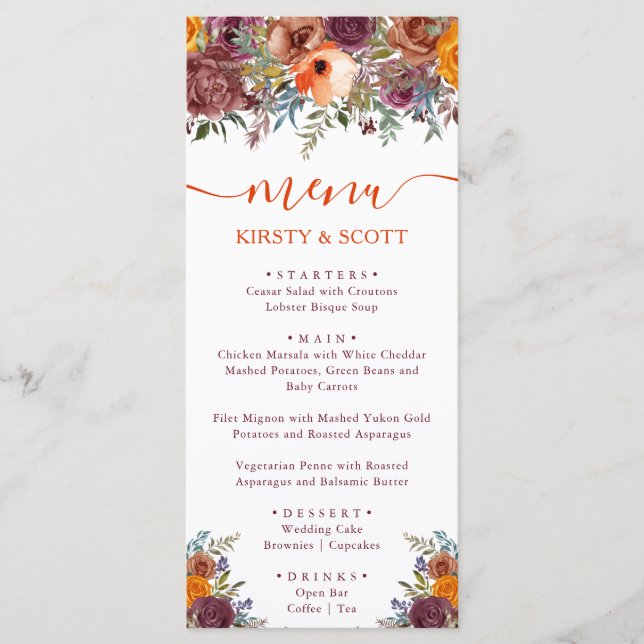 Boho Watercolor Fall Flowers Wedding Menu (Front)