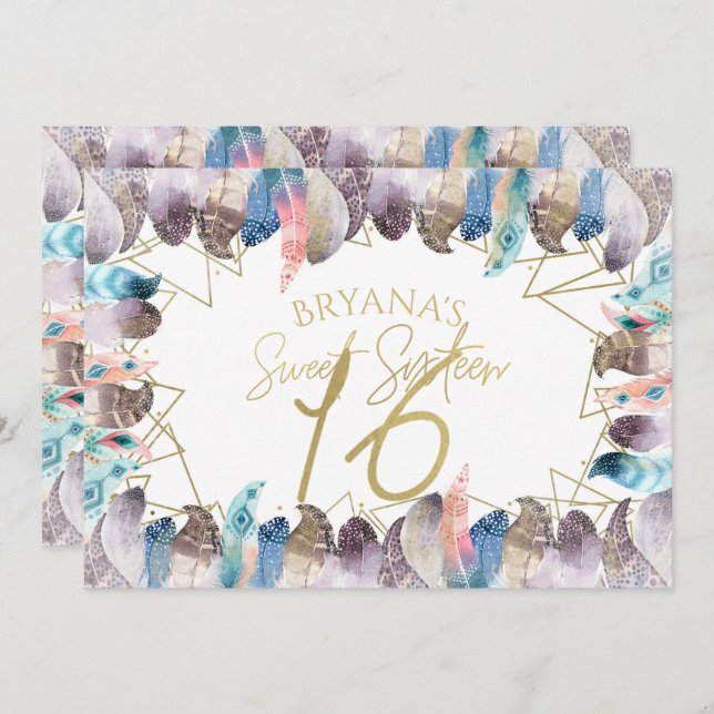 Boho Watercolor Feathers Gold Sweet 16 Invitations (Front/Back)