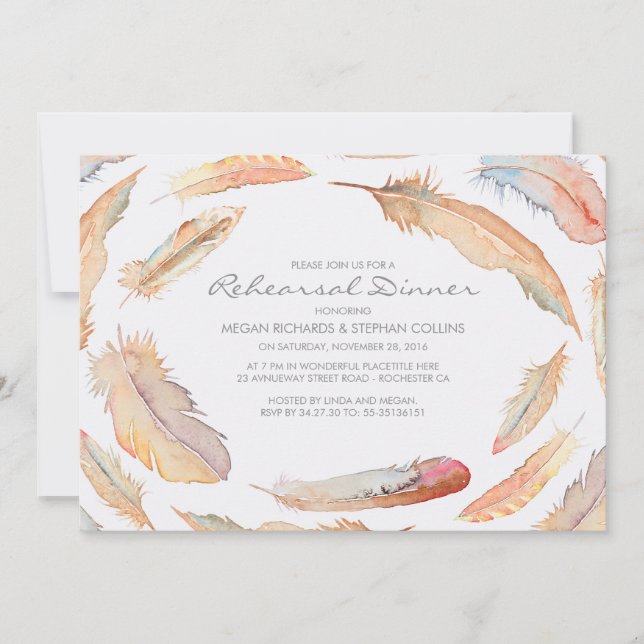 boho watercolor feathers tribal rehearsal dinner invitation (Front)