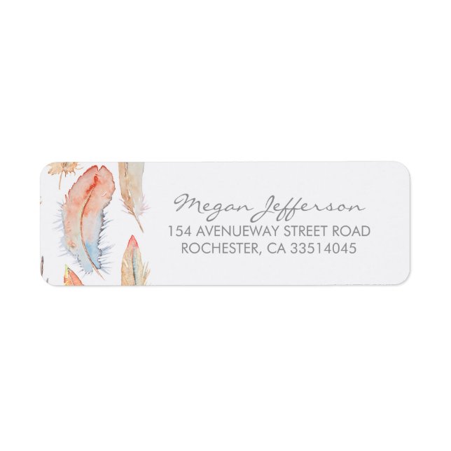 Boho Watercolor Feathers Wedding Return Address Label (Front)